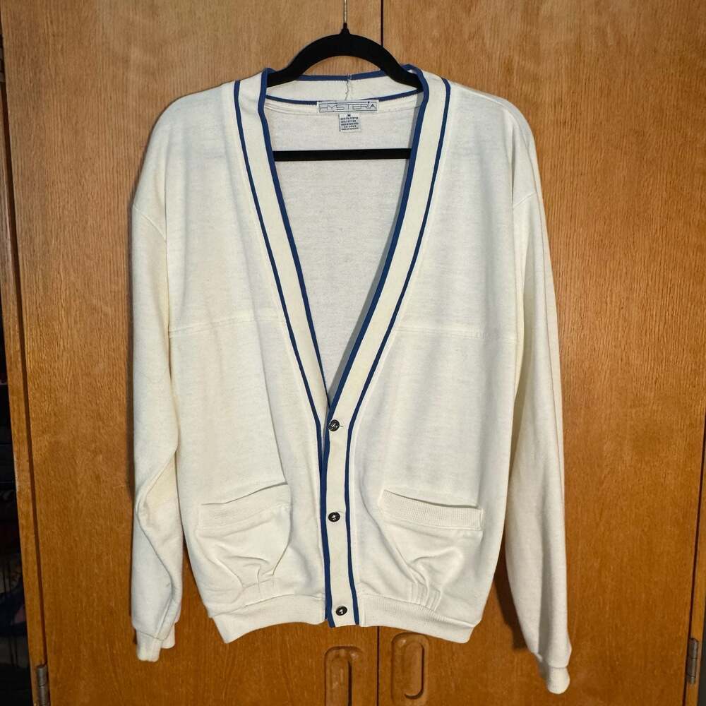 Vintage Hysteria White Blue Trim V-Neck Cardigan Sweater Medium